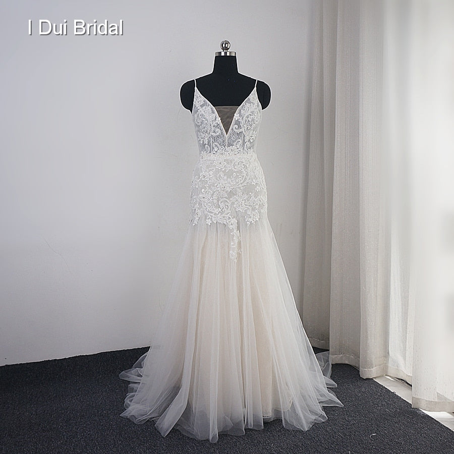Sheath Boho Wedding Dress Champagne Lining Lace Appliqued Beaded Bridal Gown Beach Wedding Light Dress