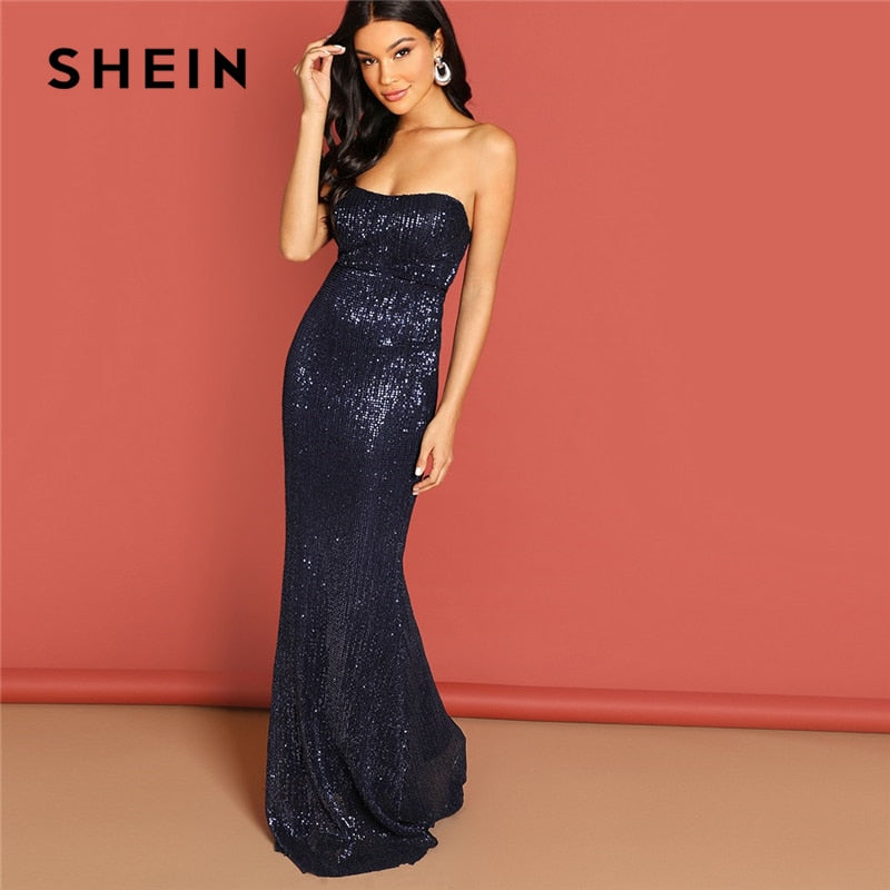 SHEIN Navy Elegant Sequin Mesh Strapless Bodycon Evening Gown High Waist Zipper Back Solid 2019 Summer Women Party Dresses
