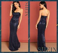 SHEIN Navy Elegant Sequin Mesh Strapless Bodycon Evening Gown High Waist Zipper Back Solid 2019 Summer Women Party Dresses