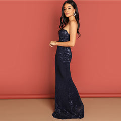 SHEIN Navy Elegant Sequin Mesh Strapless Bodycon Evening Gown High Waist Zipper Back Solid 2019 Summer Women Party Dresses