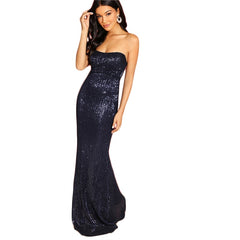 SHEIN Navy Elegant Sequin Mesh Strapless Bodycon Evening Gown High Waist Zipper Back Solid 2019 Summer Women Party Dresses