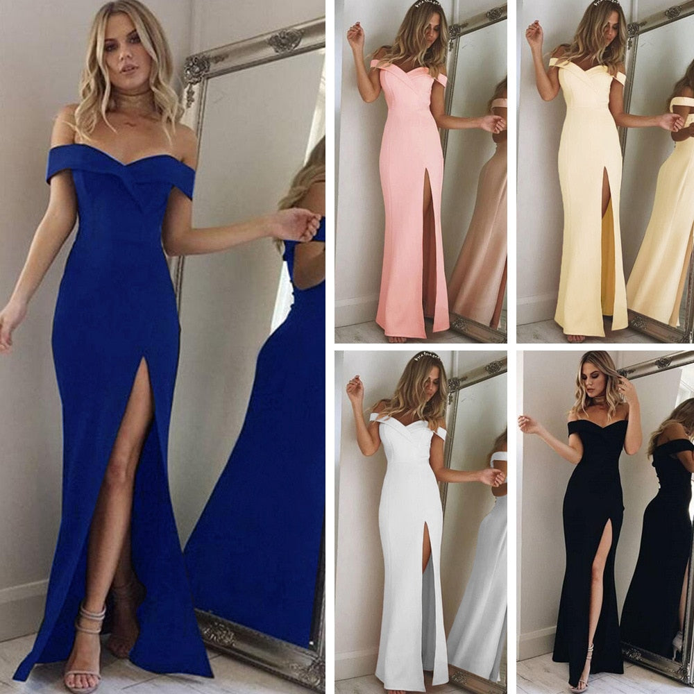 2019 New Summer Elegant Women Sexy Evening Party Black Blue Long Dress Slim Cotton