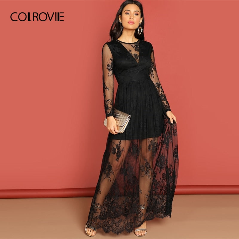 COLROVIE Black Mesh Long Sleeve Party Lace Dress Women Clothing 2019 Spring A Line High Waist Maxi Dress Evening Ladies Dresses