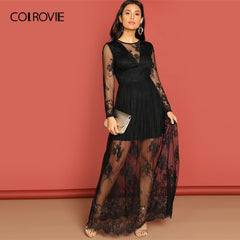 COLROVIE Black Mesh Long Sleeve Party Lace Dress Women Clothing 2019 Spring A Line High Waist Maxi Dress Evening Ladies Dresses