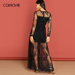 COLROVIE Black Mesh Long Sleeve Party Lace Dress Women Clothing 2019 Spring A Line High Waist Maxi Dress Evening Ladies Dresses