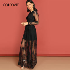 COLROVIE Black Mesh Long Sleeve Party Lace Dress Women Clothing 2019 Spring A Line High Waist Maxi Dress Evening Ladies Dresses