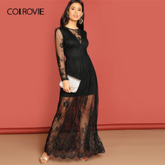 COLROVIE Black Mesh Long Sleeve Party Lace Dress Women Clothing 2019 Spring A Line High Waist Maxi Dress Evening Ladies Dresses
