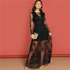 COLROVIE Black Mesh Long Sleeve Party Lace Dress Women Clothing 2019 Spring A Line High Waist Maxi Dress Evening Ladies Dresses