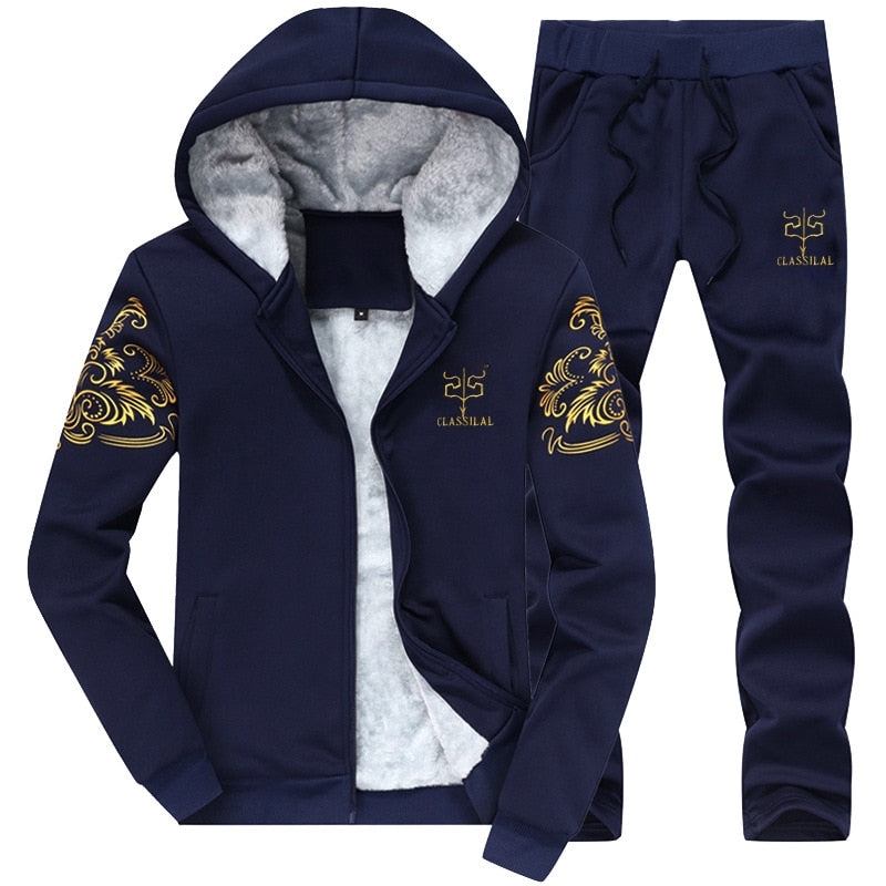 FGKKS Winter Thick Hooded Men Set Casual Warm Mens Tracksuit Outwear Men's Hoody Coat Suits Jacket+Sweatpants Sets
