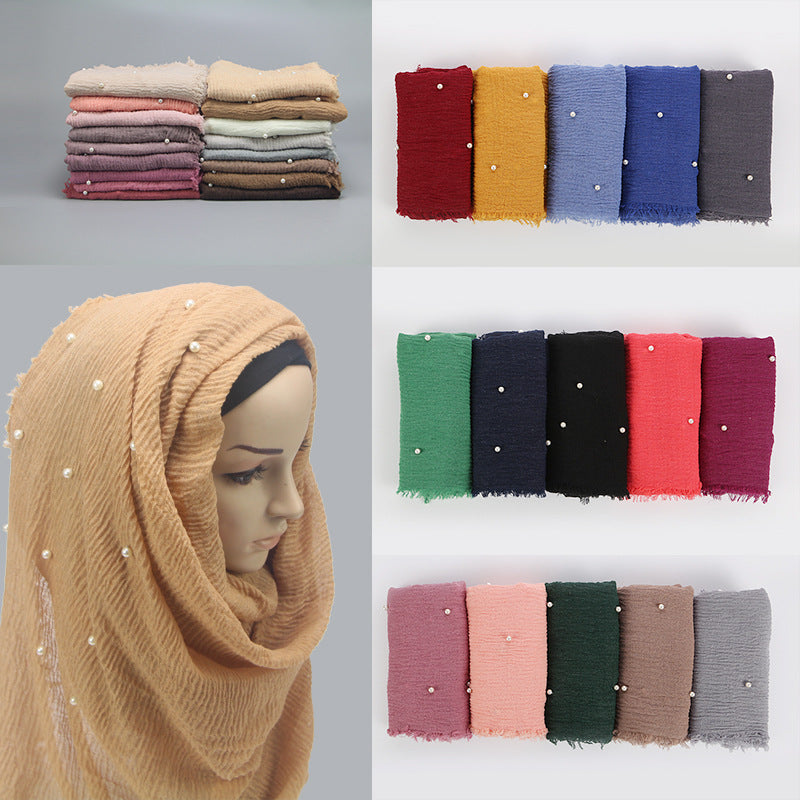 Women Fashion Bubble Cotton Beads Wrinkle Scarf  WomenShawl Plain Crumple Pearl Wrap Foulard Pashmina Muslim Headband Hijab
