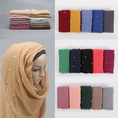 Women Fashion Bubble Cotton Beads Wrinkle Scarf  WomenShawl Plain Crumple Pearl Wrap Foulard Pashmina Muslim Headband Hijab
