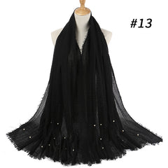 Women Fashion Bubble Cotton Beads Wrinkle Scarf  WomenShawl Plain Crumple Pearl Wrap Foulard Pashmina Muslim Headband Hijab