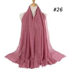 Women Fashion Bubble Cotton Beads Wrinkle Scarf  WomenShawl Plain Crumple Pearl Wrap Foulard Pashmina Muslim Headband Hijab