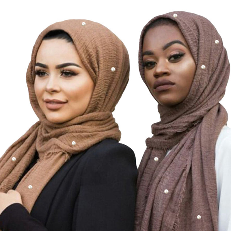 Plain Bubble Cotton Beads Pearl Wrinkle Scarf Women Oversized Shawls and Wraps Pashmina Stole Foulards Muslim Hijab 190*100Cm