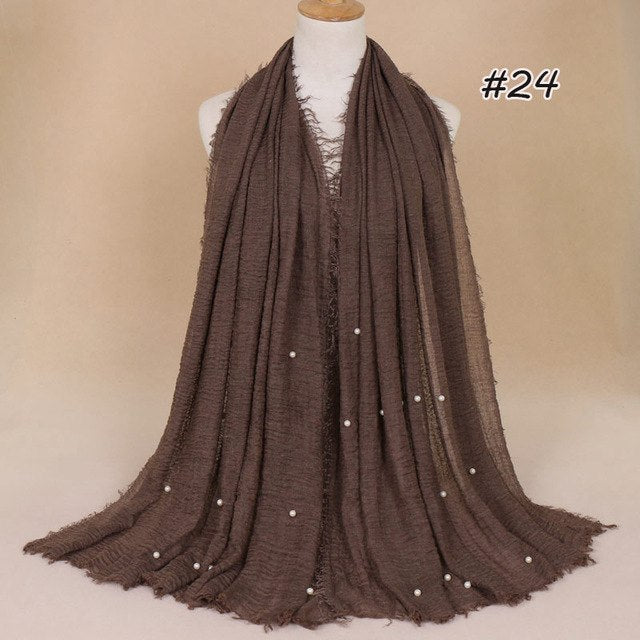 Plain Bubble Cotton Beads Pearl Wrinkle Scarf Women Oversized Shawls and Wraps Pashmina Stole Foulards Muslim Hijab 190*100Cm