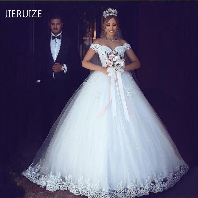 JIERUIZE White Lace Appliques Ball Gown Cheap Wedding Dresses Off The Shoulder Short Sleeves Bridal Dresses Wedding Gowns