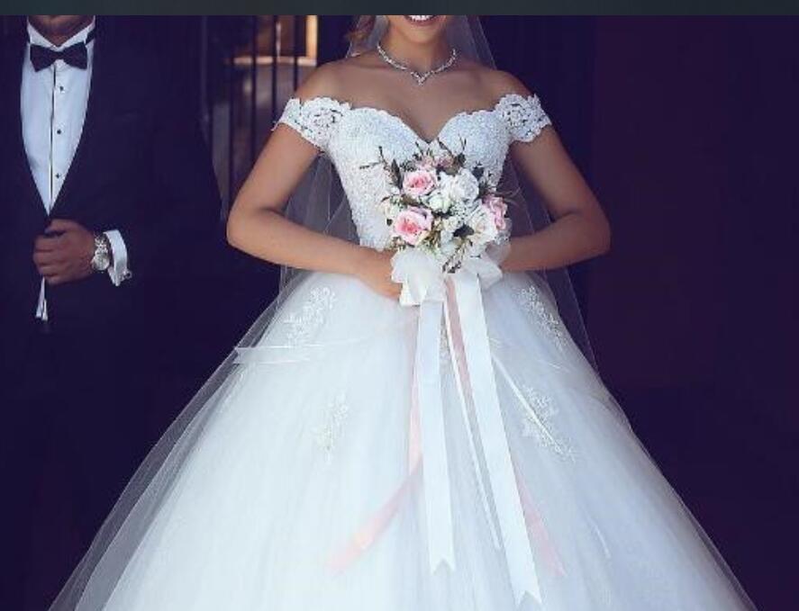 JIERUIZE White Lace Appliques Ball Gown Cheap Wedding Dresses Off The Shoulder Short Sleeves Bridal Dresses Wedding Gowns