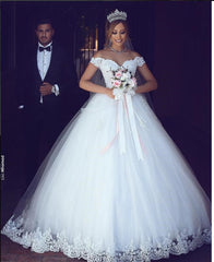 JIERUIZE White Lace Appliques Ball Gown Cheap Wedding Dresses Off The Shoulder Short Sleeves Bridal Dresses Wedding Gowns