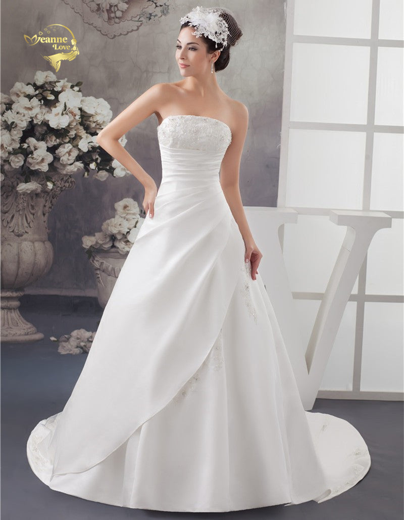 2019 White / Ivory Luxury Vestido De Noiva Robe De Mariage Bridal A Line Satin Applique With Train Wedding Dresses YN 9504