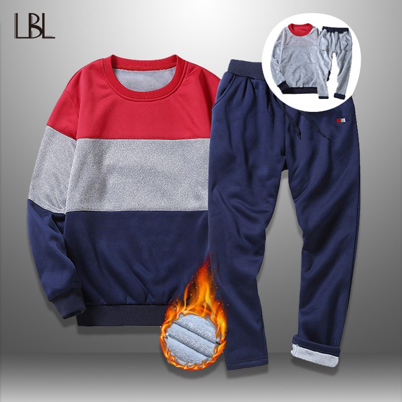 LBL Winter Tracksuits Men Set Bodybuilding 2018 Sporting Mens Sweatpants Striped Sweatshirts Sets Thick Track Suit Male Clothing