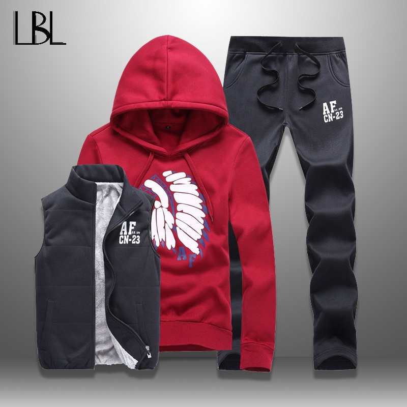 LBL Casual Men Tracksuit Sets Fleece Jacket Vest Pants 3 Pieces Sets Winter Autumn Pullover Hoodie Set Man Women Tracksuits Male