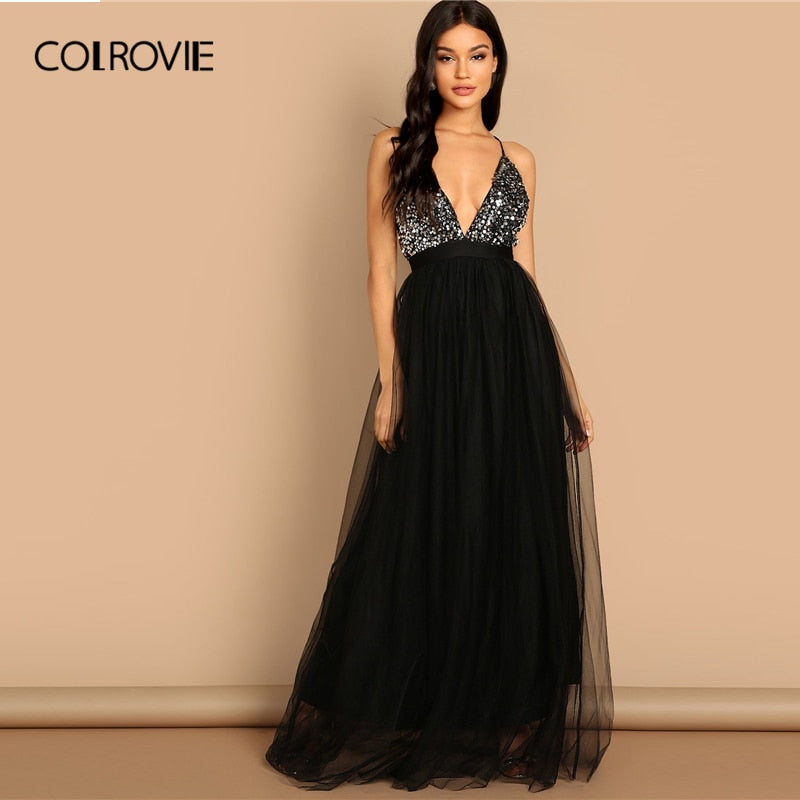 COLROVIE Black Criss Cross Backless V Neck Mesh Bodice Sequin Sexy Party Dress Women 2019 Sleeveless Ladies Evening Maxi Dress