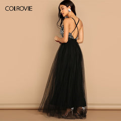 COLROVIE Black Criss Cross Backless V Neck Mesh Bodice Sequin Sexy Party Dress Women 2019 Sleeveless Ladies Evening Maxi Dress