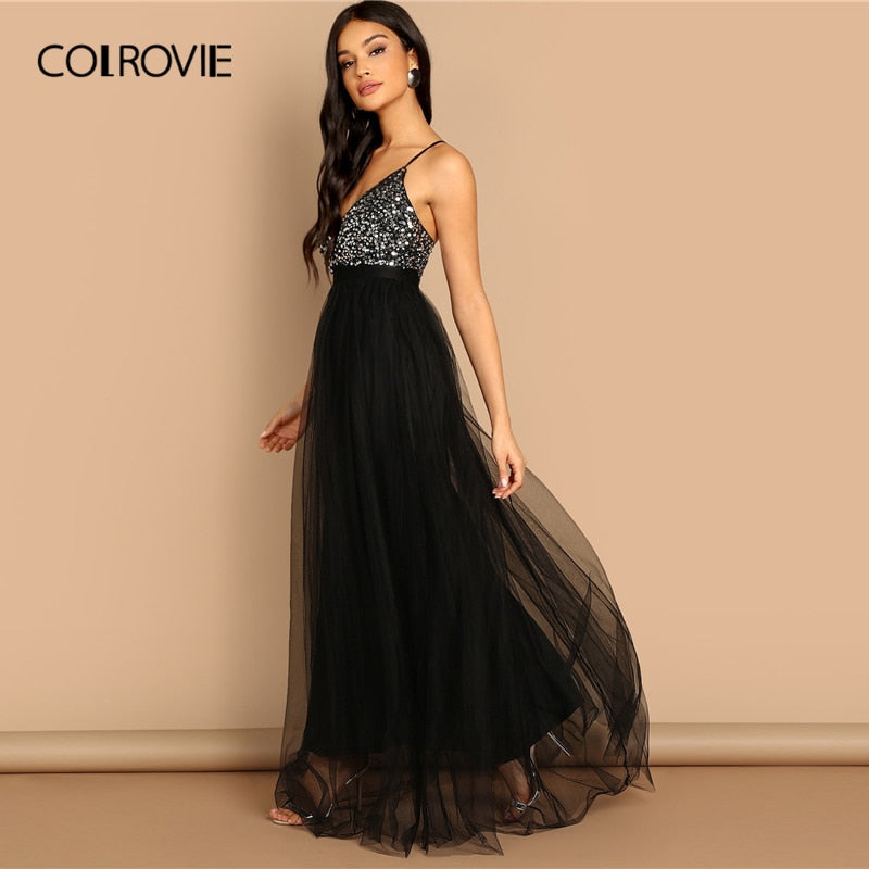 COLROVIE Black Criss Cross Backless V Neck Mesh Bodice Sequin Sexy Party Dress Women 2019 Sleeveless Ladies Evening Maxi Dress