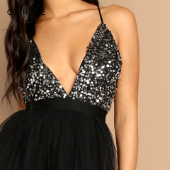 COLROVIE Black Criss Cross Backless V Neck Mesh Bodice Sequin Sexy Party Dress Women 2019 Sleeveless Ladies Evening Maxi Dress