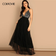 COLROVIE Black Criss Cross Backless V Neck Mesh Bodice Sequin Sexy Party Dress Women 2019 Sleeveless Ladies Evening Maxi Dress