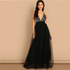 COLROVIE Black Criss Cross Backless V Neck Mesh Bodice Sequin Sexy Party Dress Women 2019 Sleeveless Ladies Evening Maxi Dress