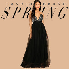 COLROVIE Black Criss Cross Backless V Neck Mesh Bodice Sequin Sexy Party Dress Women 2019 Sleeveless Ladies Evening Maxi Dress