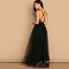 COLROVIE Black Criss Cross Backless V Neck Mesh Bodice Sequin Sexy Party Dress Women 2019 Sleeveless Ladies Evening Maxi Dress