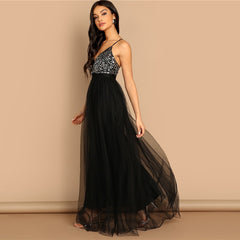 COLROVIE Black Criss Cross Backless V Neck Mesh Bodice Sequin Sexy Party Dress Women 2019 Sleeveless Ladies Evening Maxi Dress