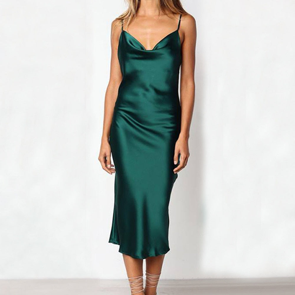 Women Sexy Sling Satin Dresses Sleeveless Sling Off Shoulder Backless Mid-Calf Slim Dress Nightdress Party Dresses vestidos #15