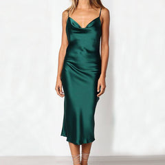 Women Sexy Sling Satin Dresses Sleeveless Sling Off Shoulder Backless Mid-Calf Slim Dress Nightdress Party Dresses vestidos #15