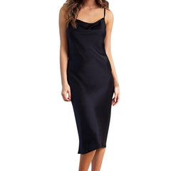 Women Sexy Sling Satin Dresses Sleeveless Sling Off Shoulder Backless Mid-Calf Slim Dress Nightdress Party Dresses vestidos #15