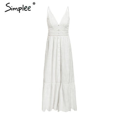 Simplee Embroidery white sexy women summer dress V neck spaghetti strap pearl buttons cotton dresses Evening party long vestidos