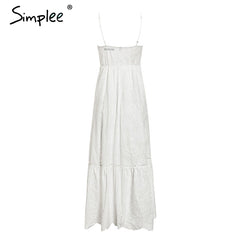 Simplee Embroidery white sexy women summer dress V neck spaghetti strap pearl buttons cotton dresses Evening party long vestidos