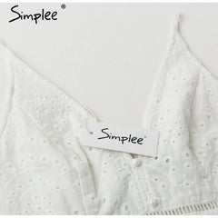 Simplee Embroidery white sexy women summer dress V neck spaghetti strap pearl buttons cotton dresses Evening party long vestidos