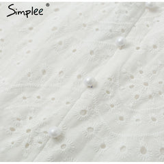 Simplee Embroidery white sexy women summer dress V neck spaghetti strap pearl buttons cotton dresses Evening party long vestidos