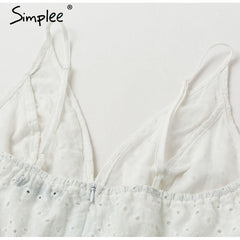 Simplee Embroidery white sexy women summer dress V neck spaghetti strap pearl buttons cotton dresses Evening party long vestidos