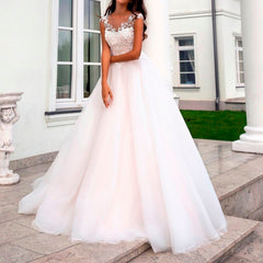 Vivian's Bridal 2019 Lovely Pink Lining Wedding Dress Short Cap Sleeve Illusion Lace Button Applique Zipper A-line Bridal Dress