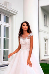 Vivian's Bridal 2019 Lovely Pink Lining Wedding Dress Short Cap Sleeve Illusion Lace Button Applique Zipper A-line Bridal Dress
