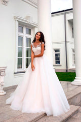 Vivian's Bridal 2019 Lovely Pink Lining Wedding Dress Short Cap Sleeve Illusion Lace Button Applique Zipper A-line Bridal Dress