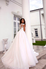 Vivian's Bridal 2019 Lovely Pink Lining Wedding Dress Short Cap Sleeve Illusion Lace Button Applique Zipper A-line Bridal Dress