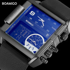 BOAMIGO brand men sports watches 3 time zone big man fashion watch leather quartz wristwatches relogio masculino montre homme