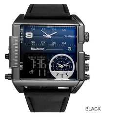 BOAMIGO brand men sports watches 3 time zone big man fashion watch leather quartz wristwatches relogio masculino montre homme