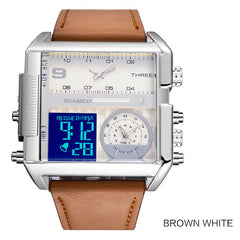 BOAMIGO brand men sports watches 3 time zone big man fashion watch leather quartz wristwatches relogio masculino montre homme
