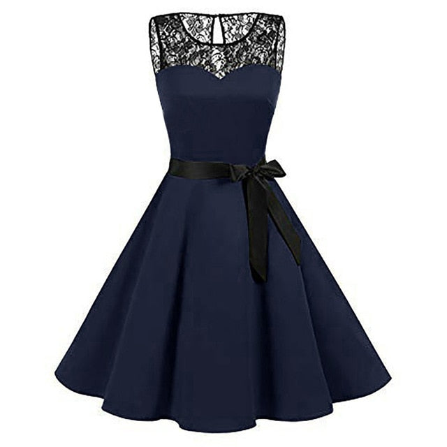 Fashion Party Dresses Women Sleeveless Solid Lace Hepburn Vintage Swing High-Waist Pleated Dress Plus Size 4XL Robe Femme